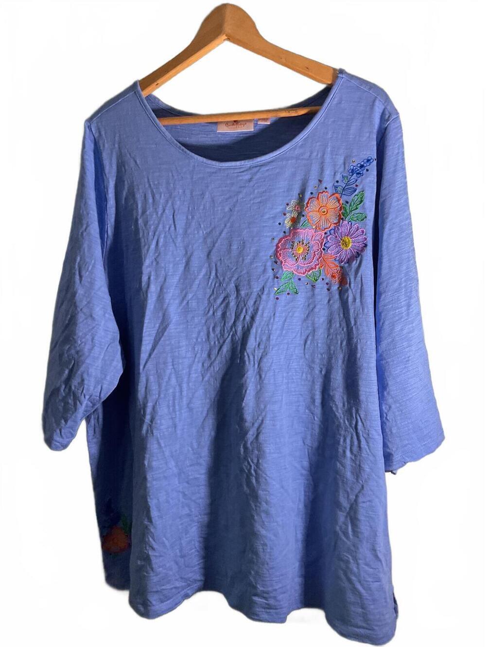 Quacker Factory Jeanne Bice Blue Floral Embroidered Tunic Top 3X
